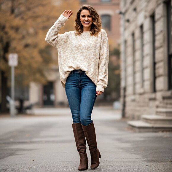 Main Strip Leopard Animal Print Sweater Oversized Knit Pullover Acrylic Cozy Top - Picture 3 of 12